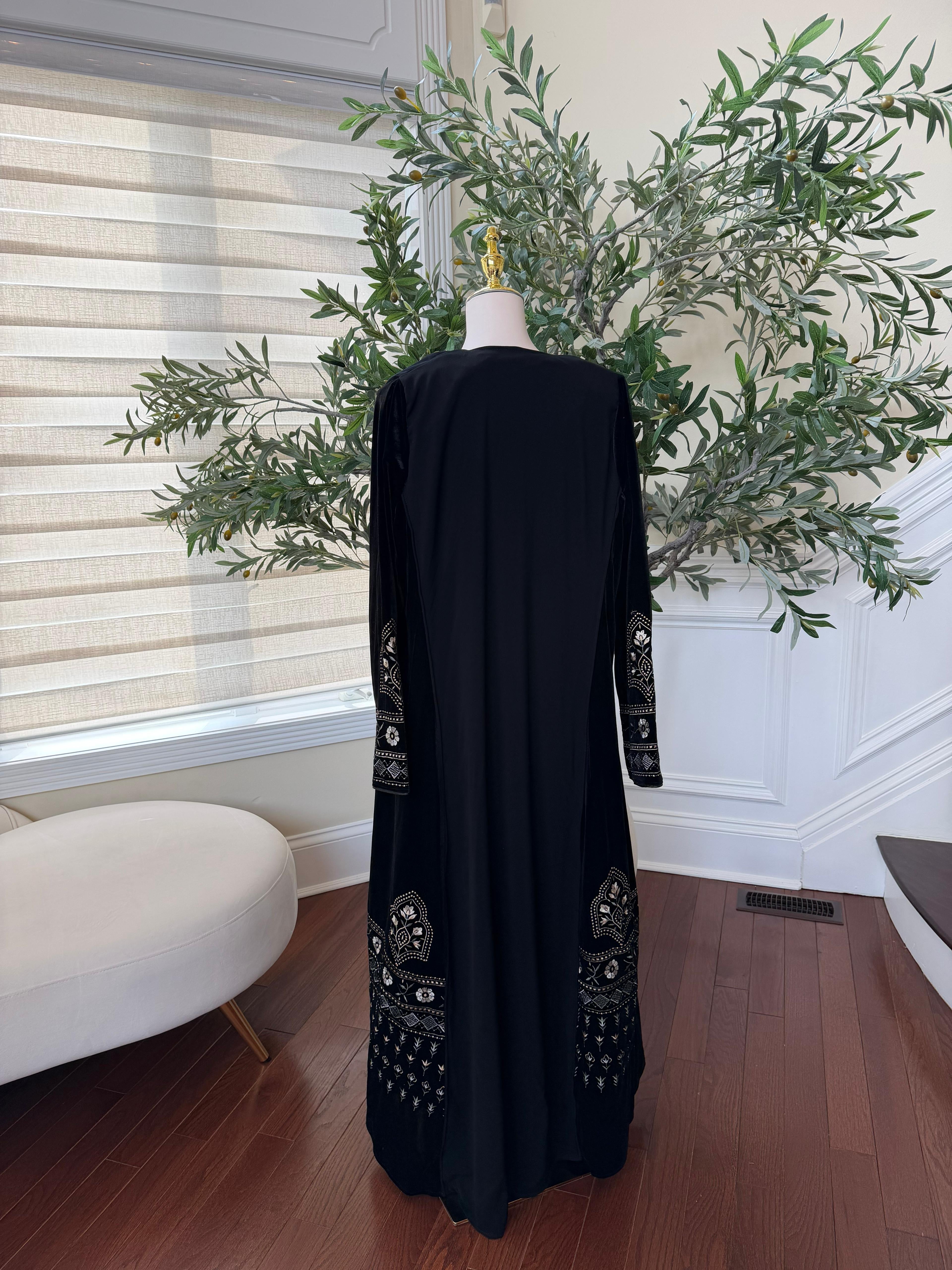 Black Velvet with Chiffon Embroidery Abaya Dress