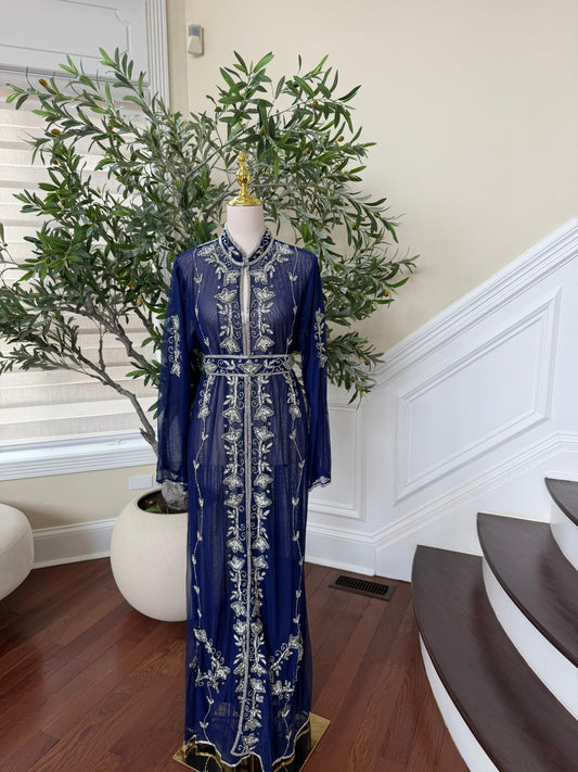 Blue Silver Stone Beaded Abaya