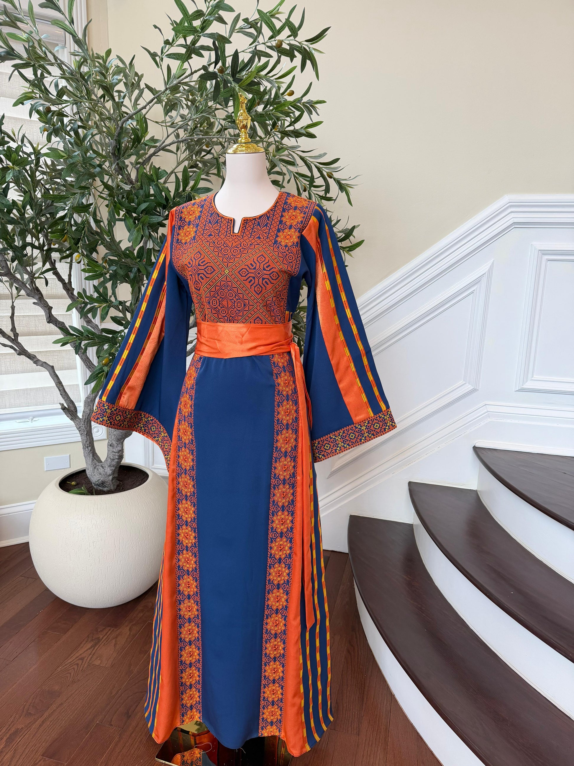 Navy Blue Embroidery Tatreez Orange Thobe