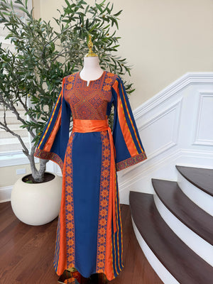 Navy Blue Embroidery Tatreez Orange Thobe