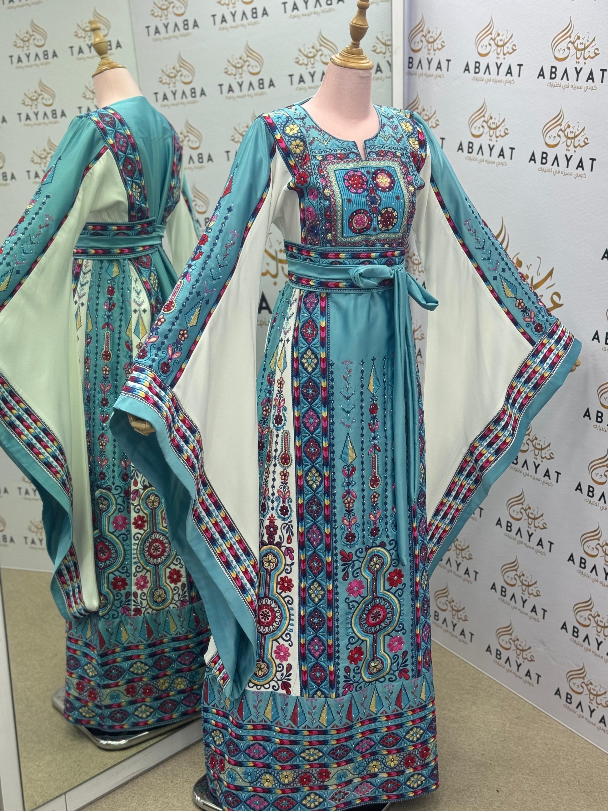 Turquoise & Fuchsia Palestinian Embroidered Thobe – Floral Heritage Design