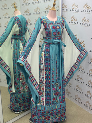 Turquoise & Fuchsia Palestinian Embroidered Thobe – Floral Heritage Design