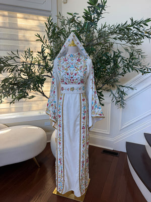 Elegant White Floral Embroidered Palestinian Thobe with Gold Detailing(scarf not included)