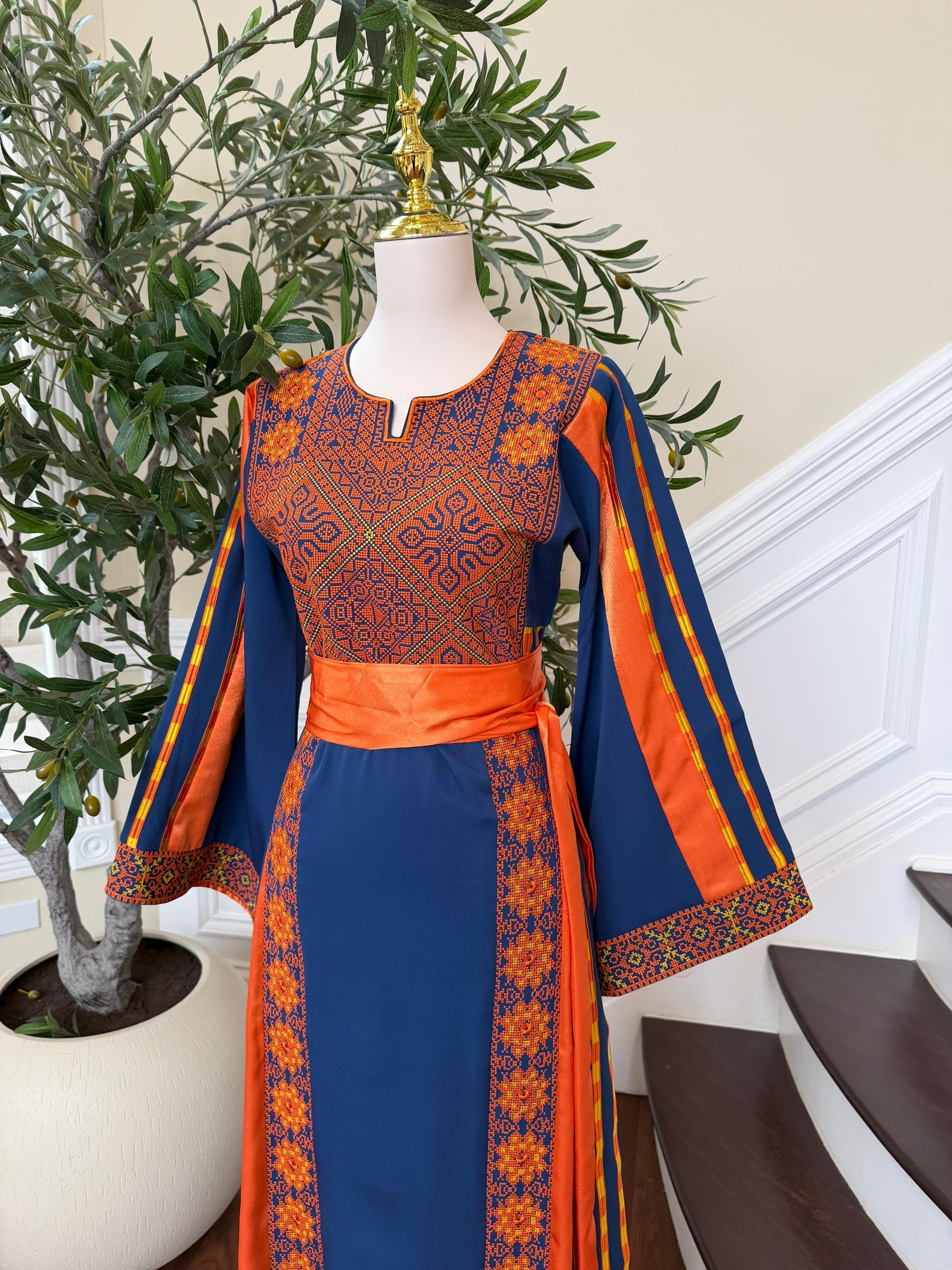 Navy Blue Embroidery Tatreez Orange Thobe