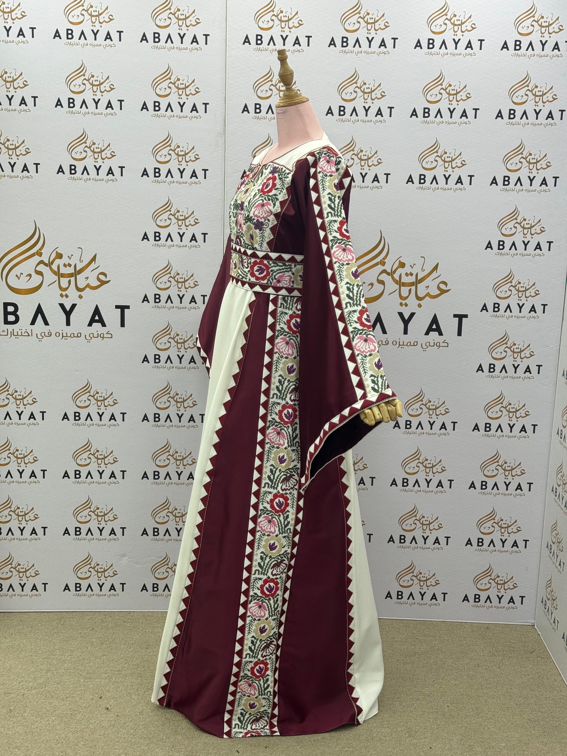 Traditional Palestinian Thobe in Maroon and White with Floral Tatreez