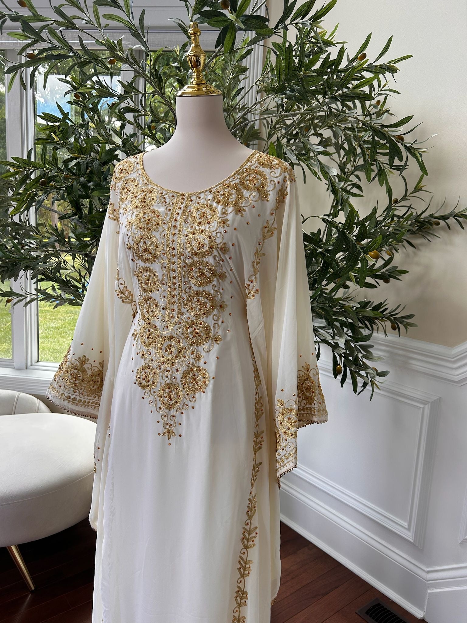 Luxury White Kuftan Golden Detail Gown