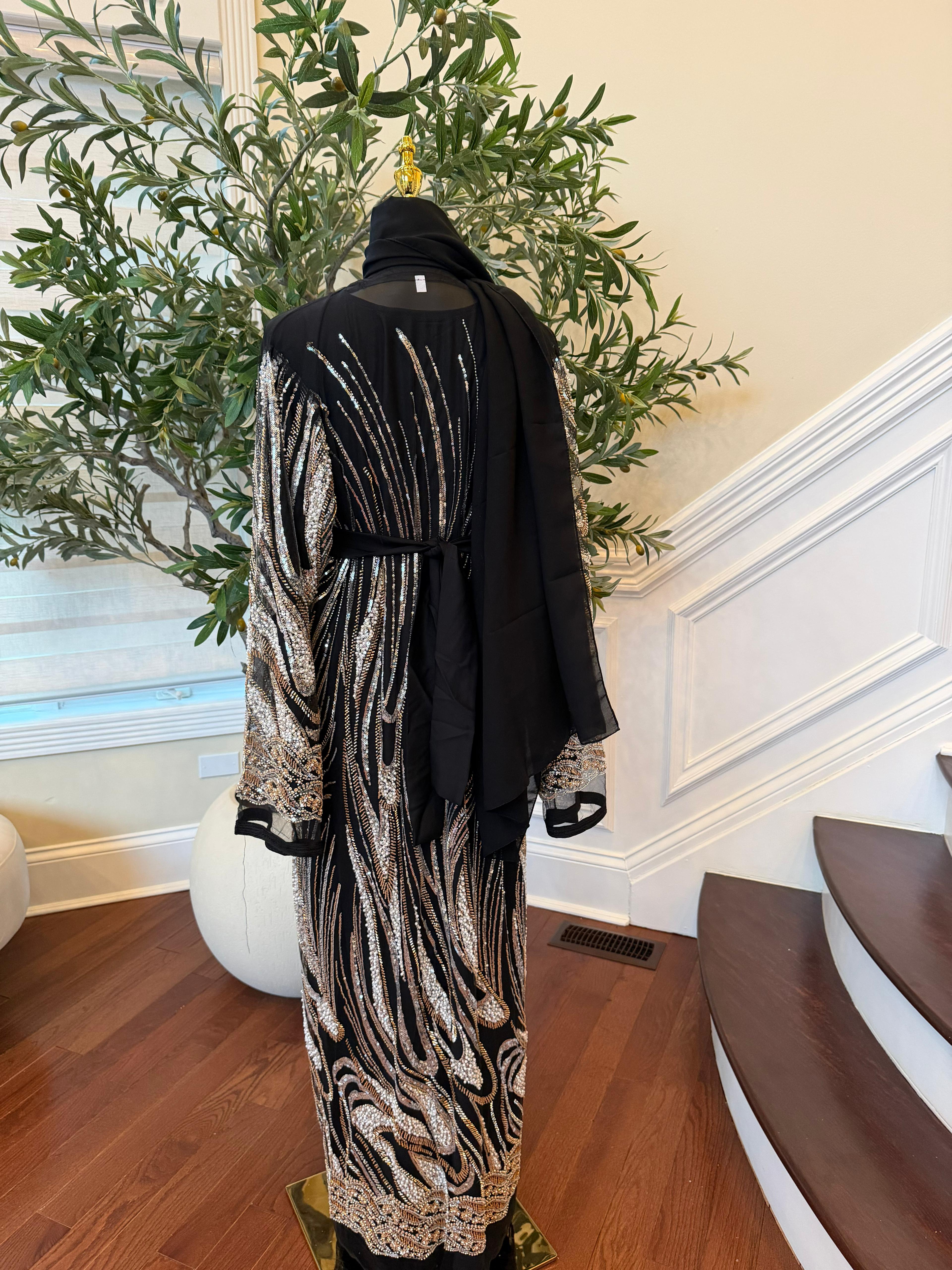 Black Golden Sequin Two Piece Abaya