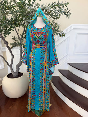 Turquoise Floral Embroidered Palestinian Thobe – Scarf Not Included