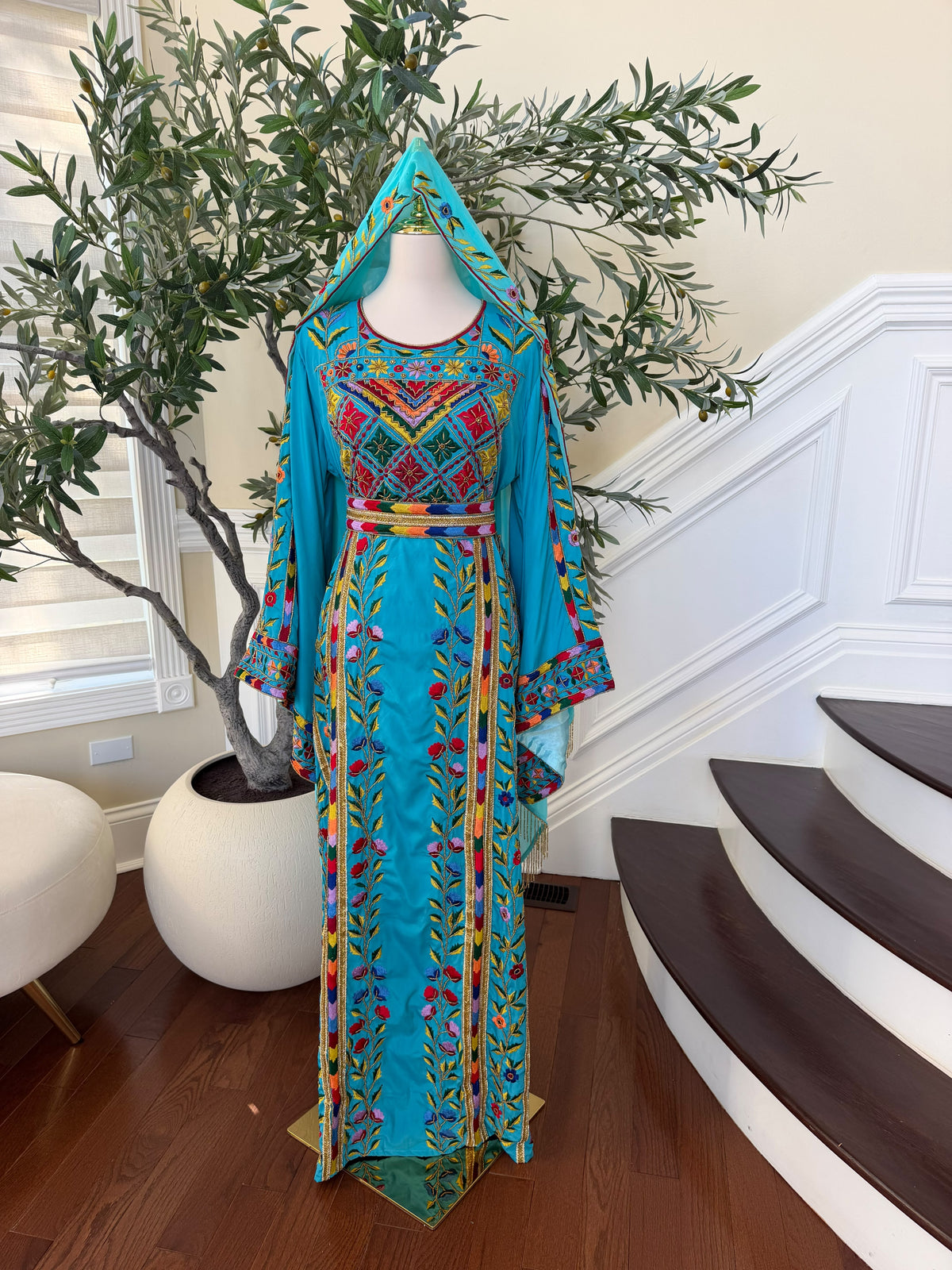 Turquoise Floral Embroidered Palestinian Thobe – Scarf Not Included