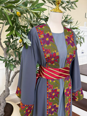 Grey Embroidery Floral Tatreez Thobe