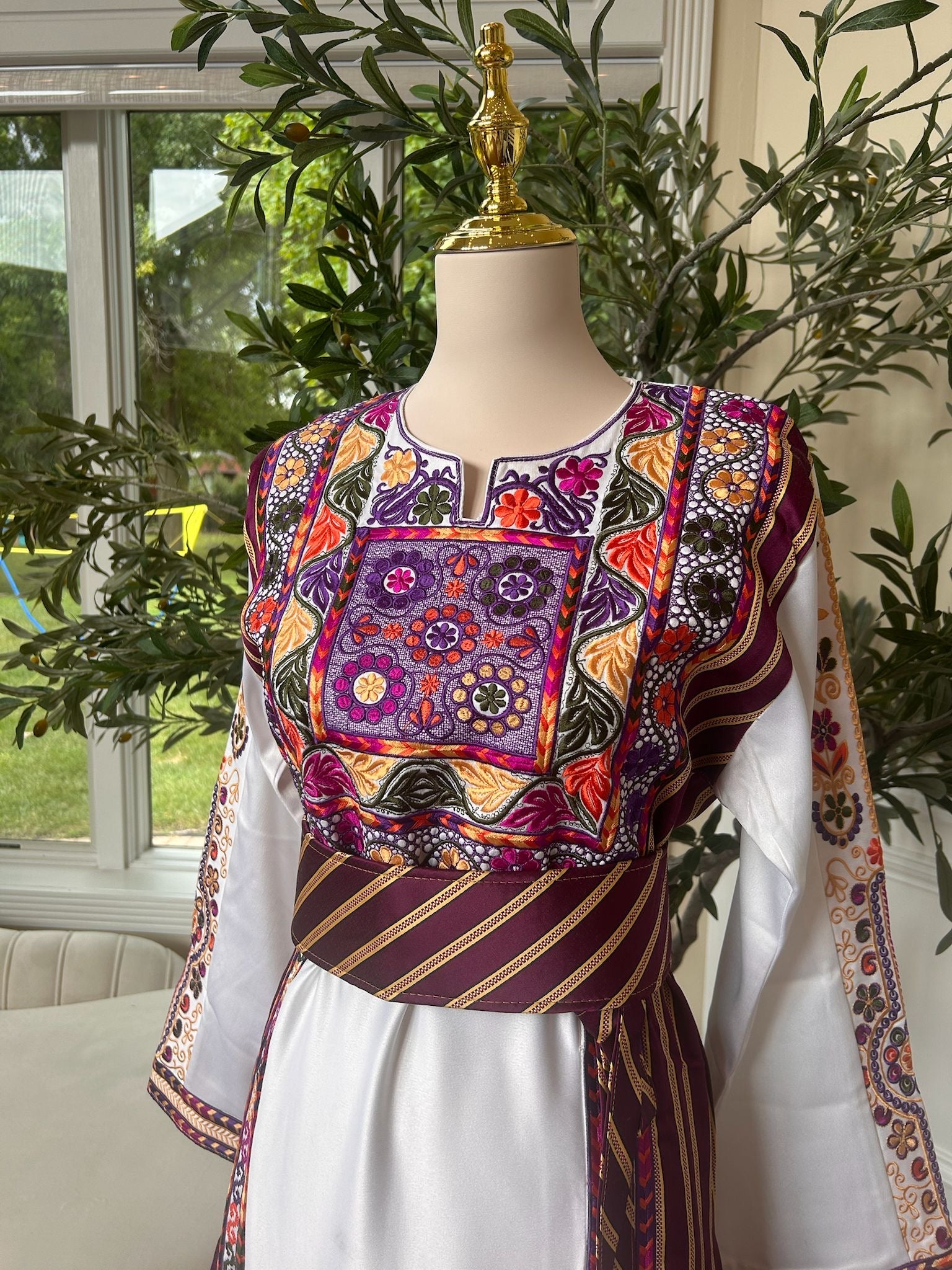 Traditional White Tatreez Thobe with Embroidery Purple Detailing