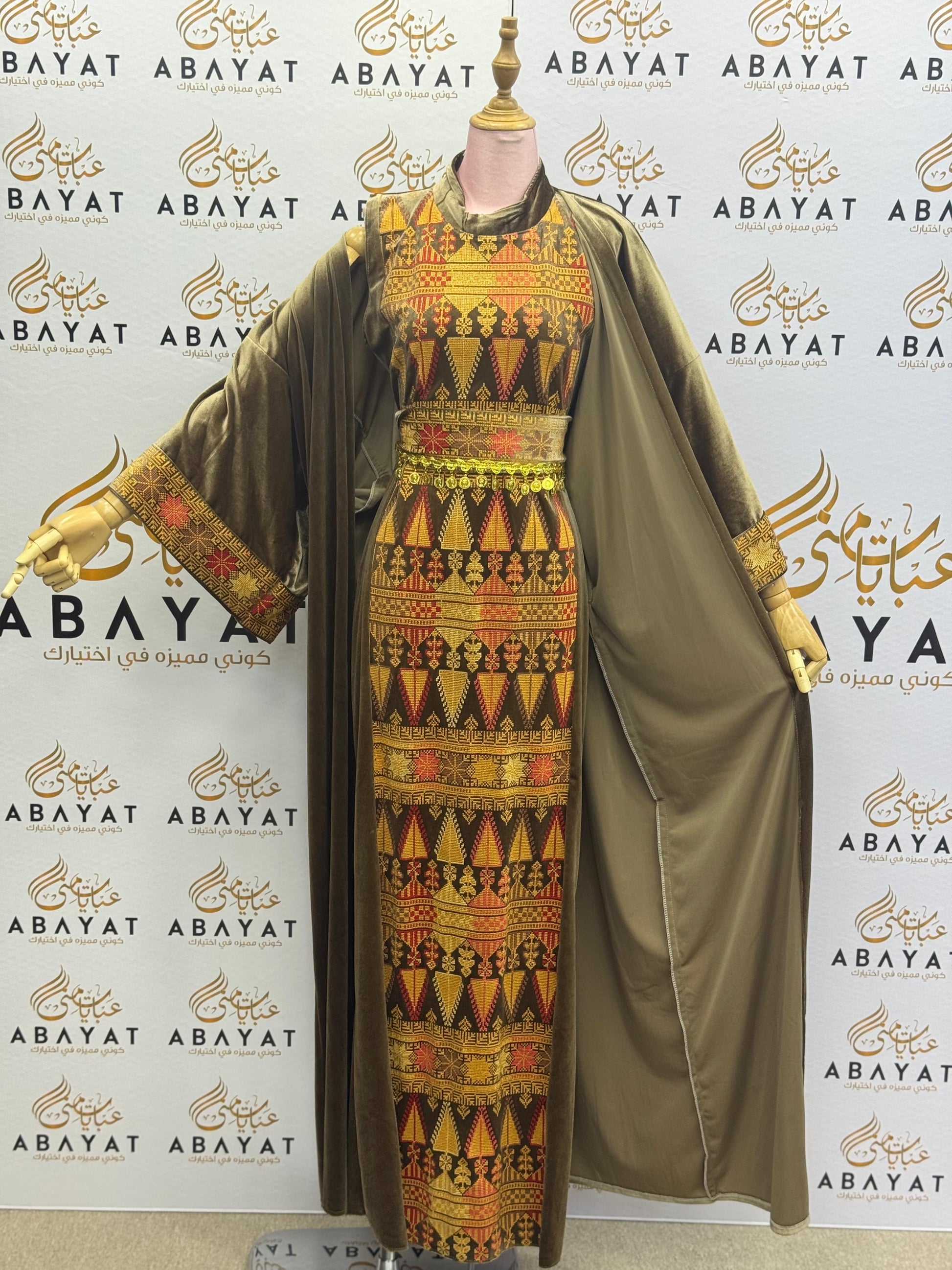 Olive Velvet Palestinian Thobe with Traditional Tatreez Embroidery A1968