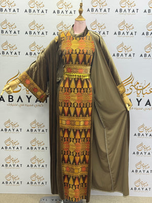 Olive Velvet Palestinian Thobe with Traditional Tatreez Embroidery A1968