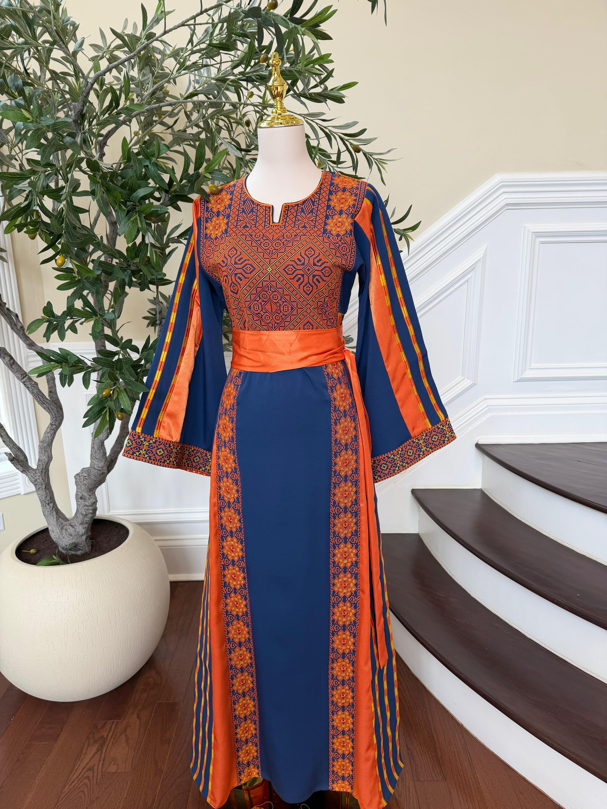 Navy Blue Embroidery Tatreez Orange Thobe