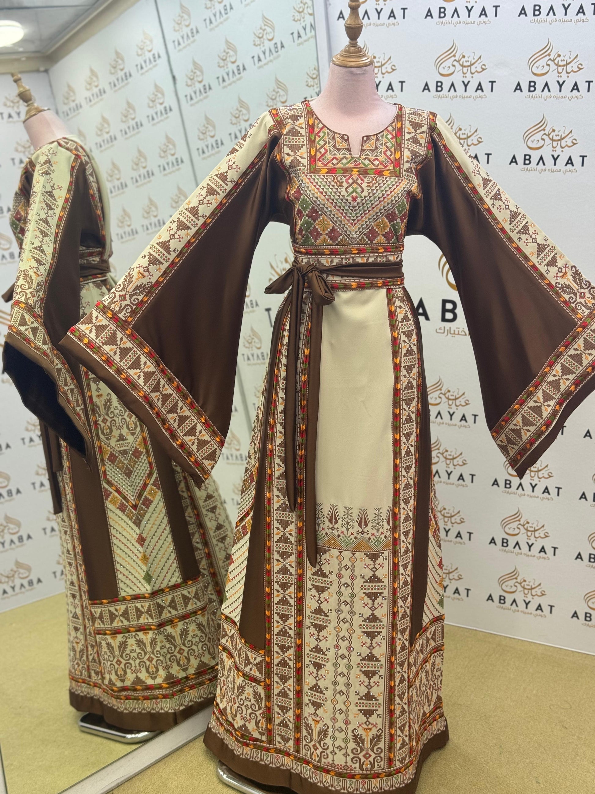 Luxury Palestinian Embroidered Thobe – Brown Traditional Design