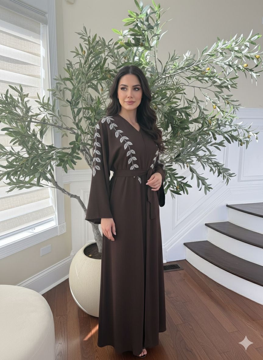 Brown Silver Beaded Essence Abaya