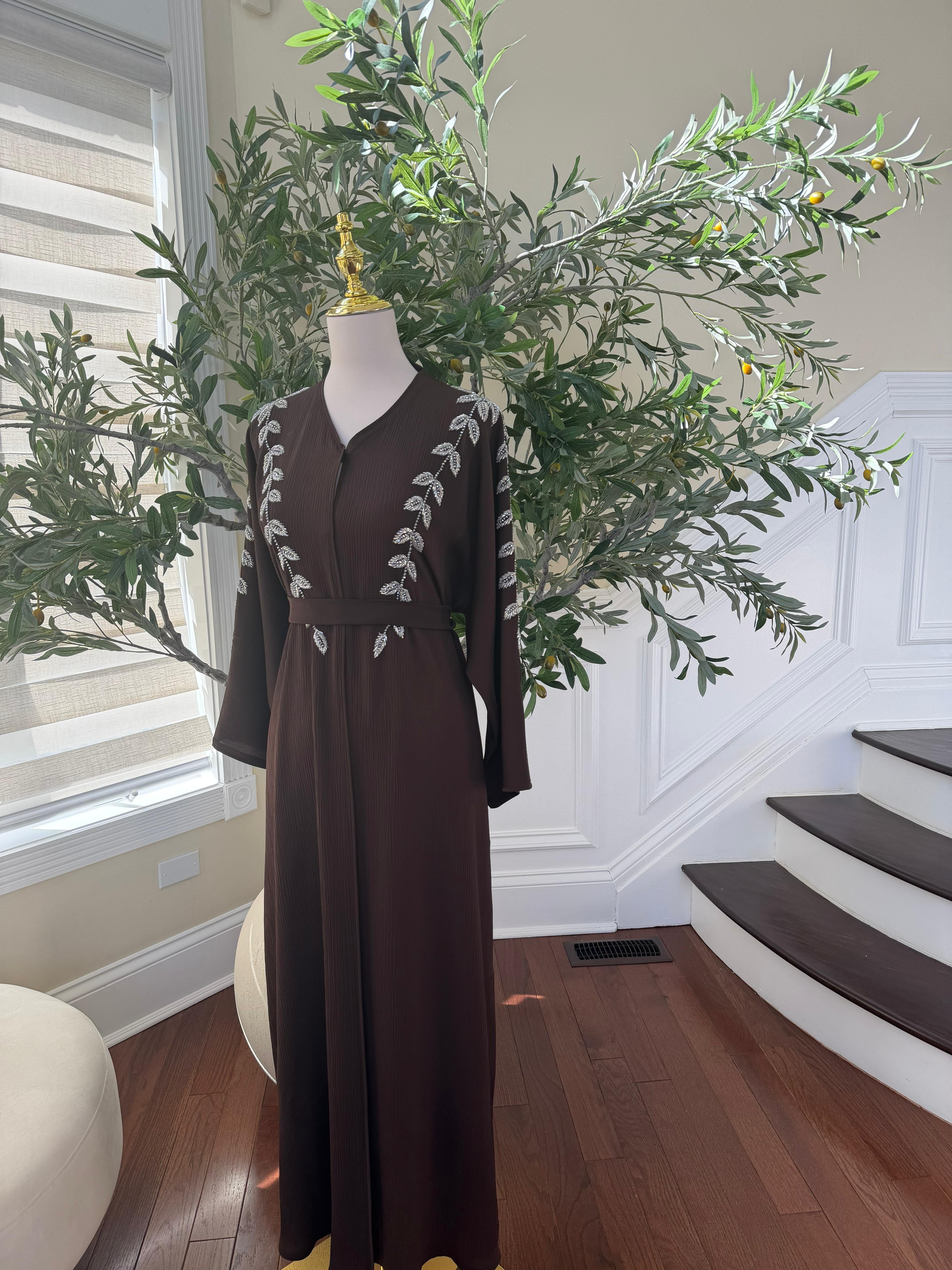 Brown Silver Beaded Essence Abaya