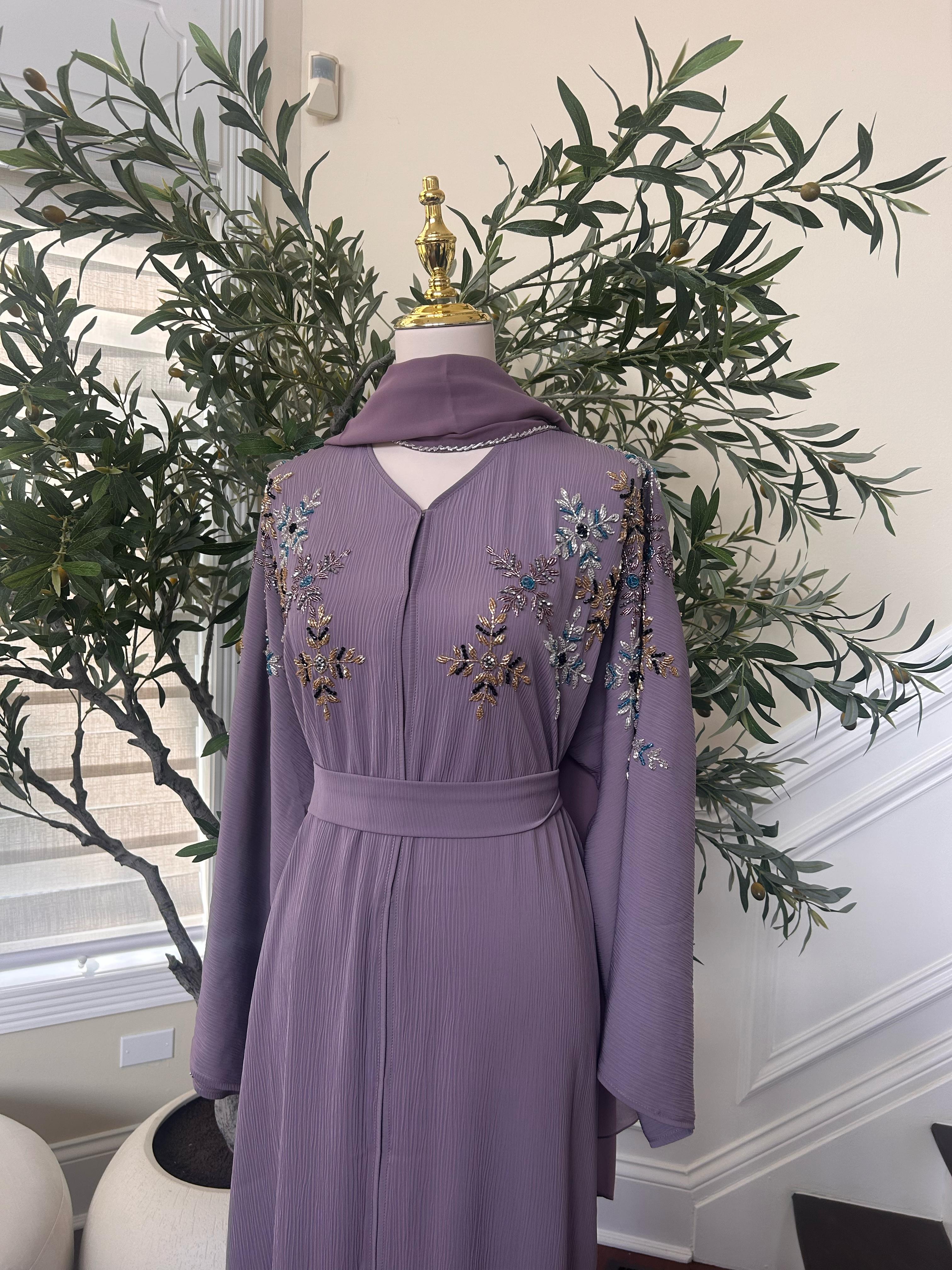 Lavender Beaded Floral Abaya