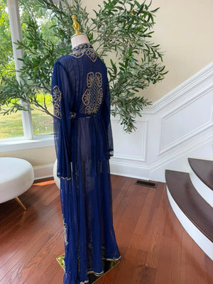 Blue Beaded Embroidery Cardigan Abaya