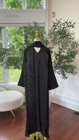Midnight Elegance – Black Abaya Beaded Ethereal Feather Detail