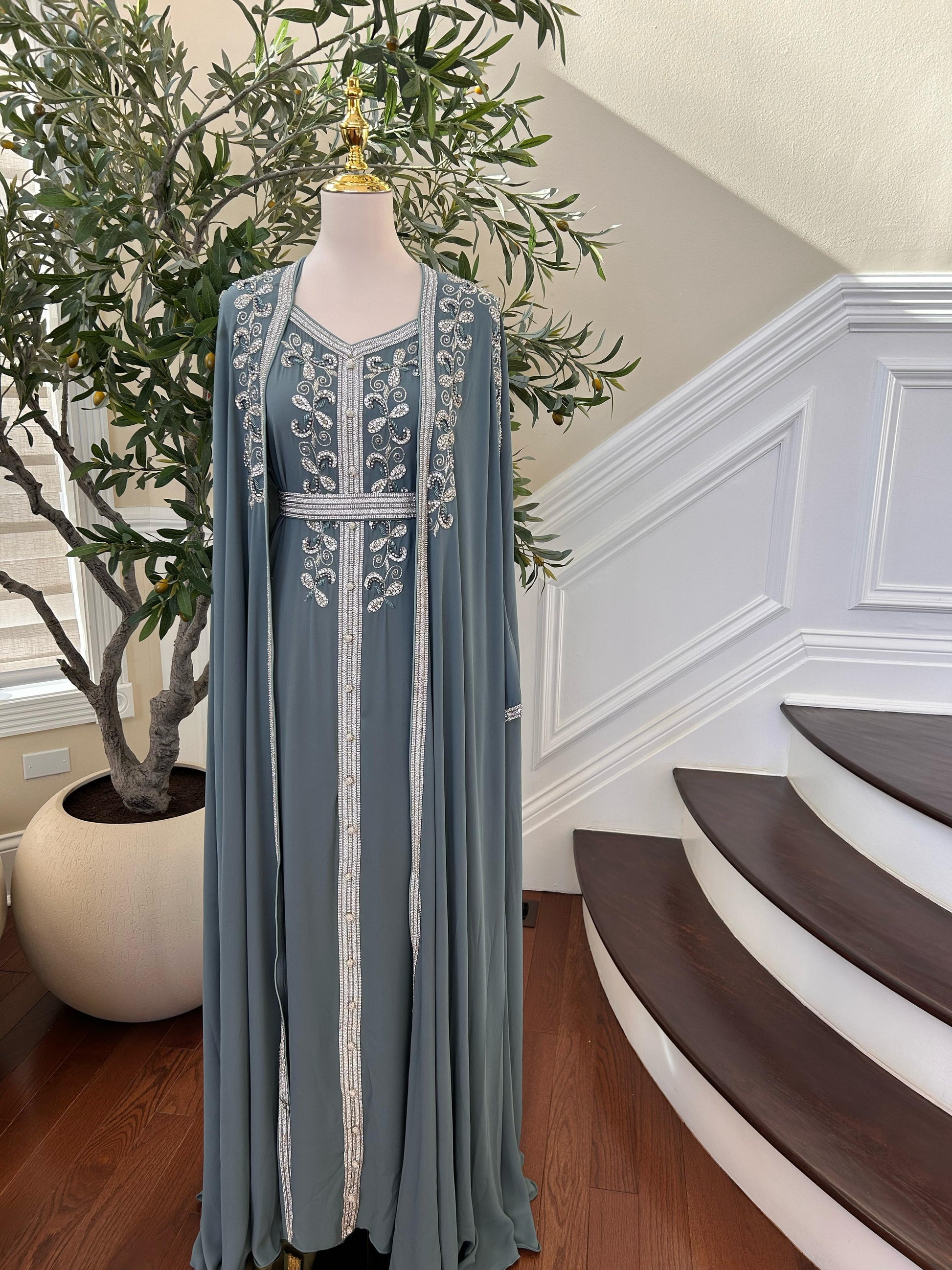 Mint Blue Beaded Stone Kuftan