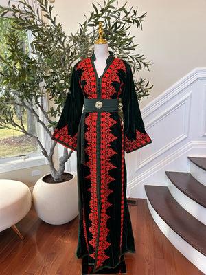 Green Velvet Embellished Red Kuftan