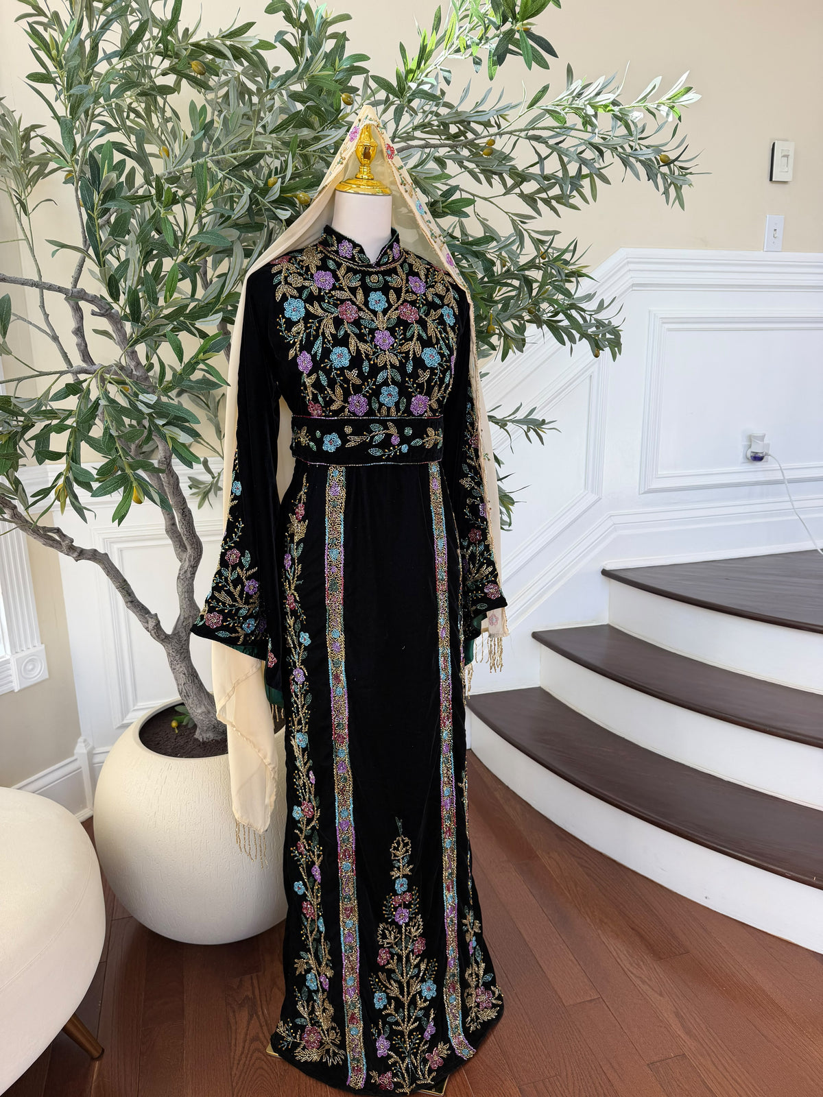 Elegant Black Velvet Thobe with Multicolor Floral Embroidery(scarf not included)