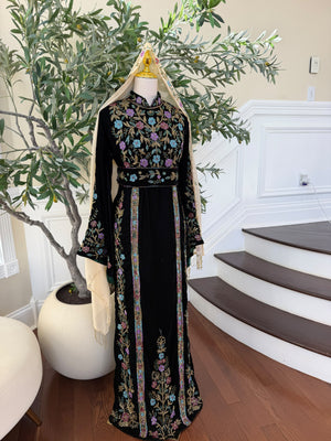 Elegant Black Velvet Thobe with Multicolor Floral Embroidery(scarf not included)