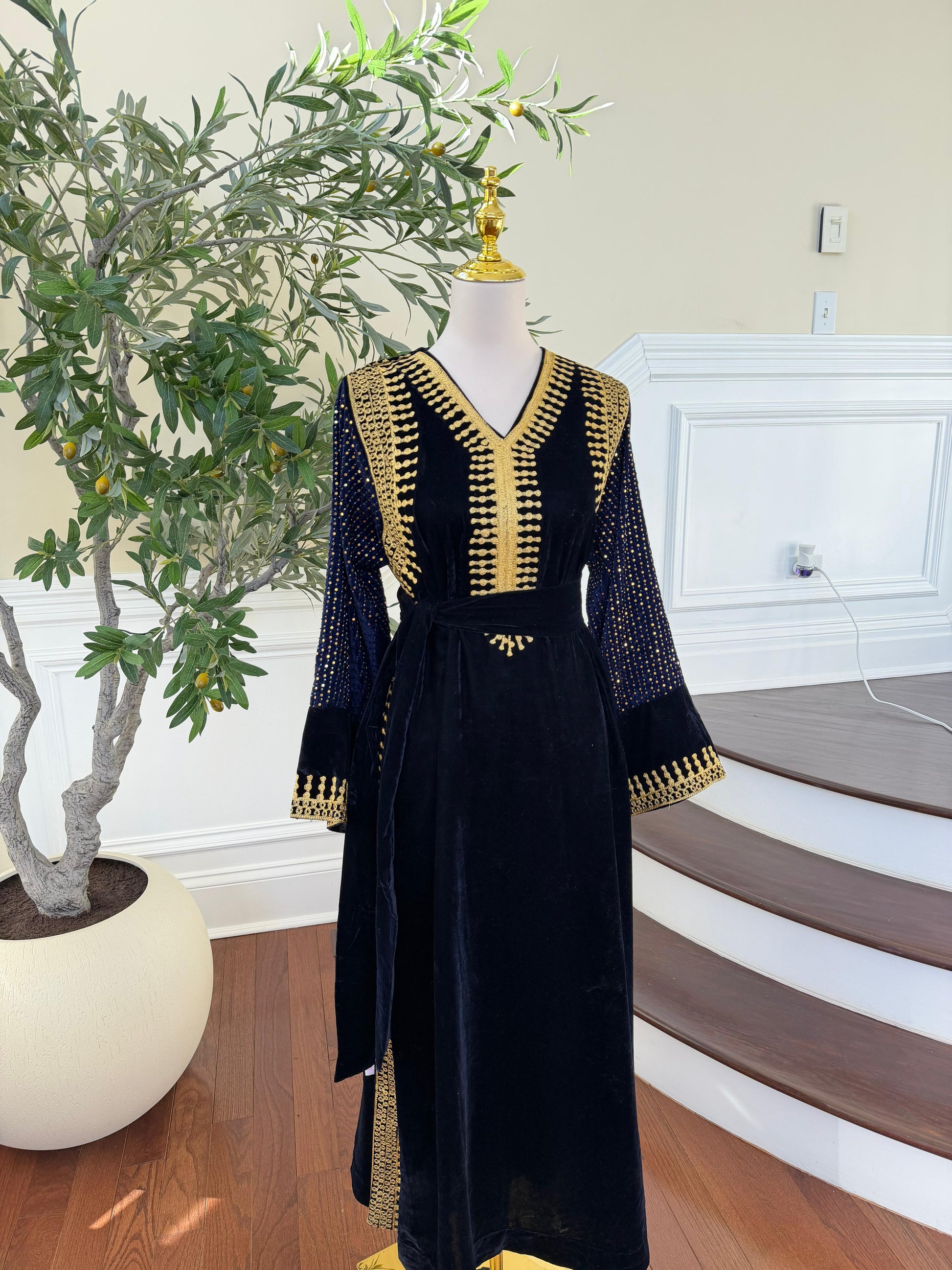 Navy Blue Velvet Celestial Gold Dress