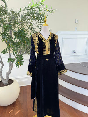 Navy Blue Velvet Celestial Gold Dress