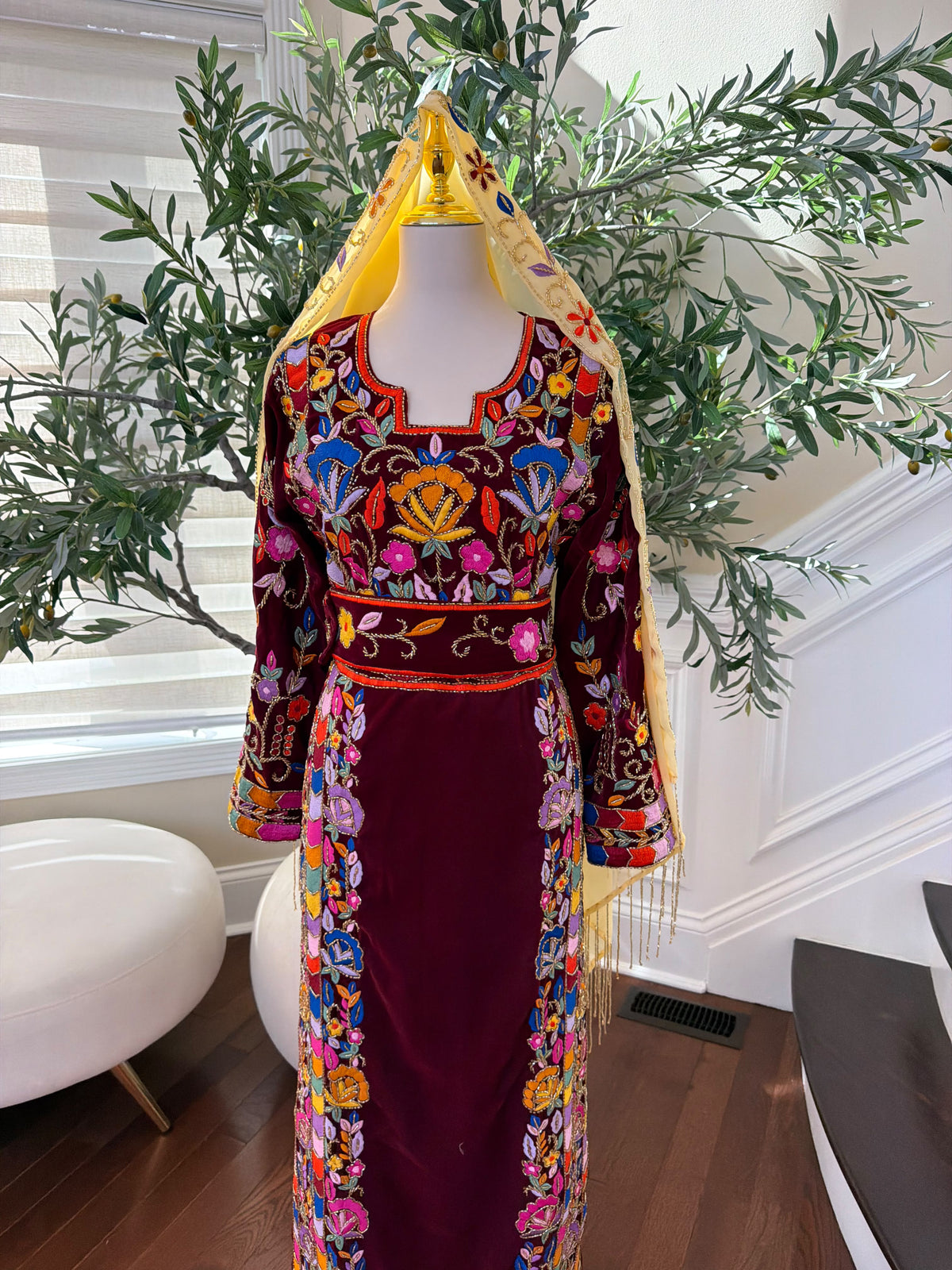 Elegant Burgundy Velvet Palestinian Thobe with Colorful Floral Embroidery – Scarf Not Included