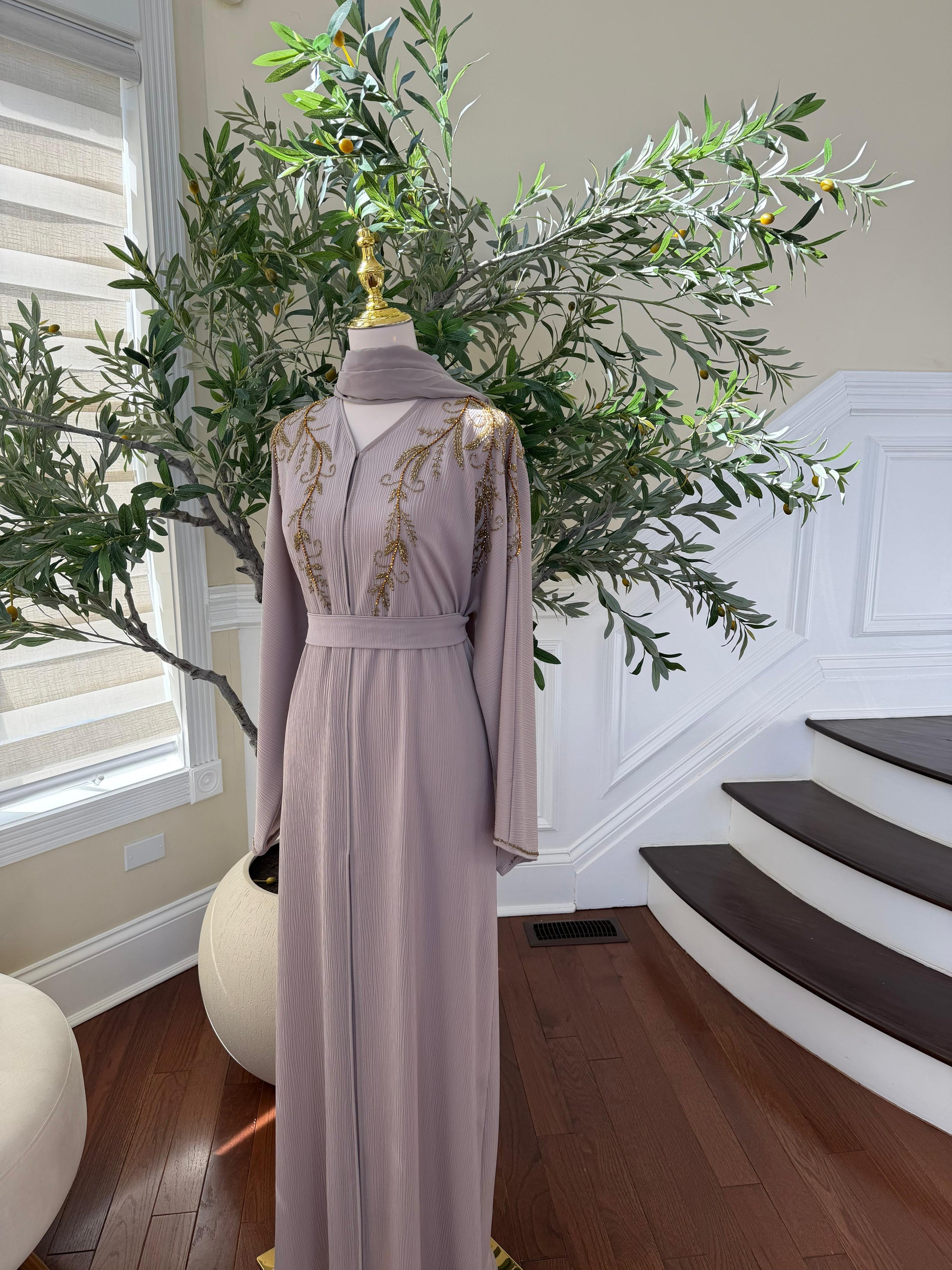 Cream Golden Floral Abaya