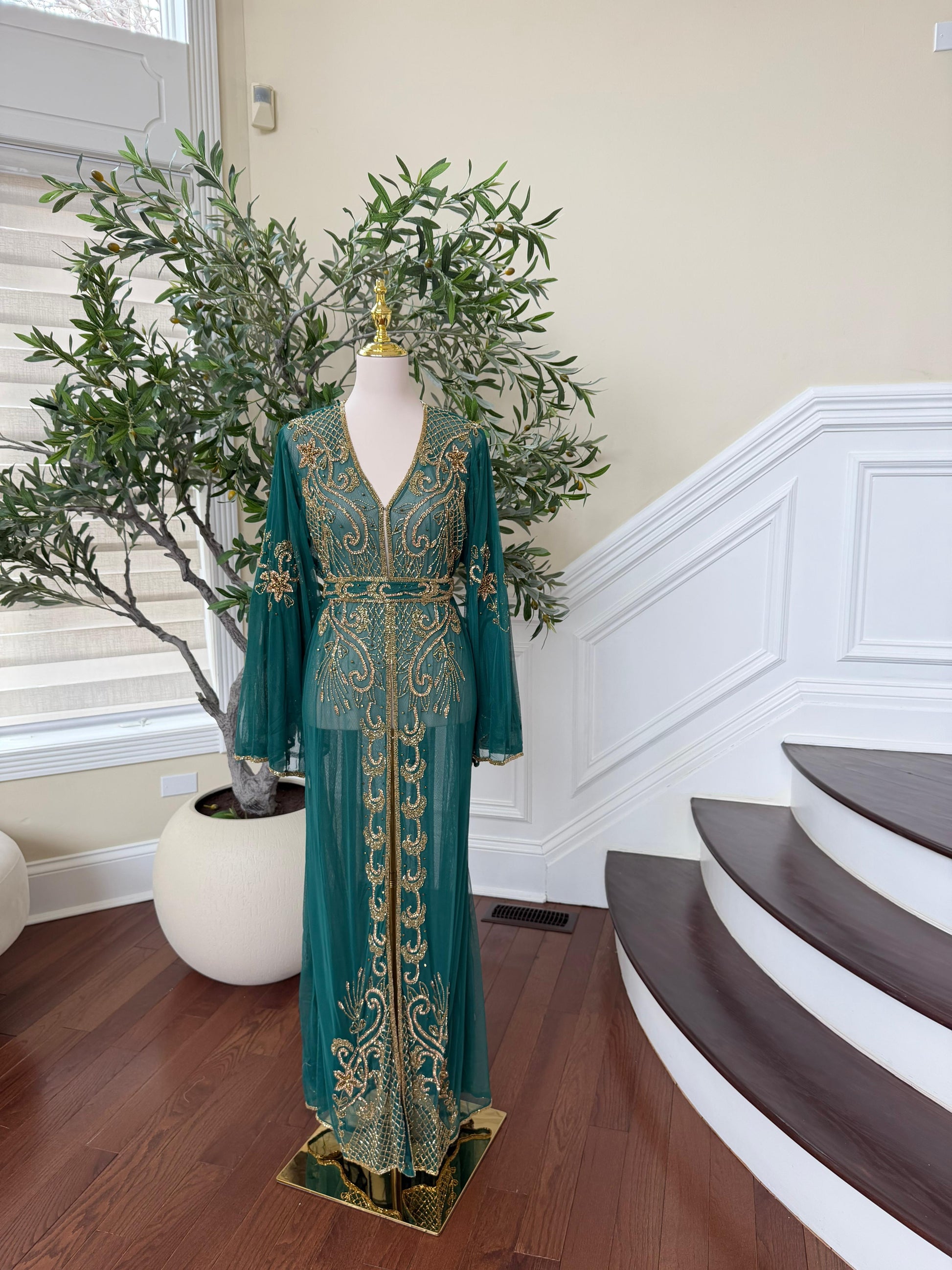 Emerald Green Stone Cardigan Abaya