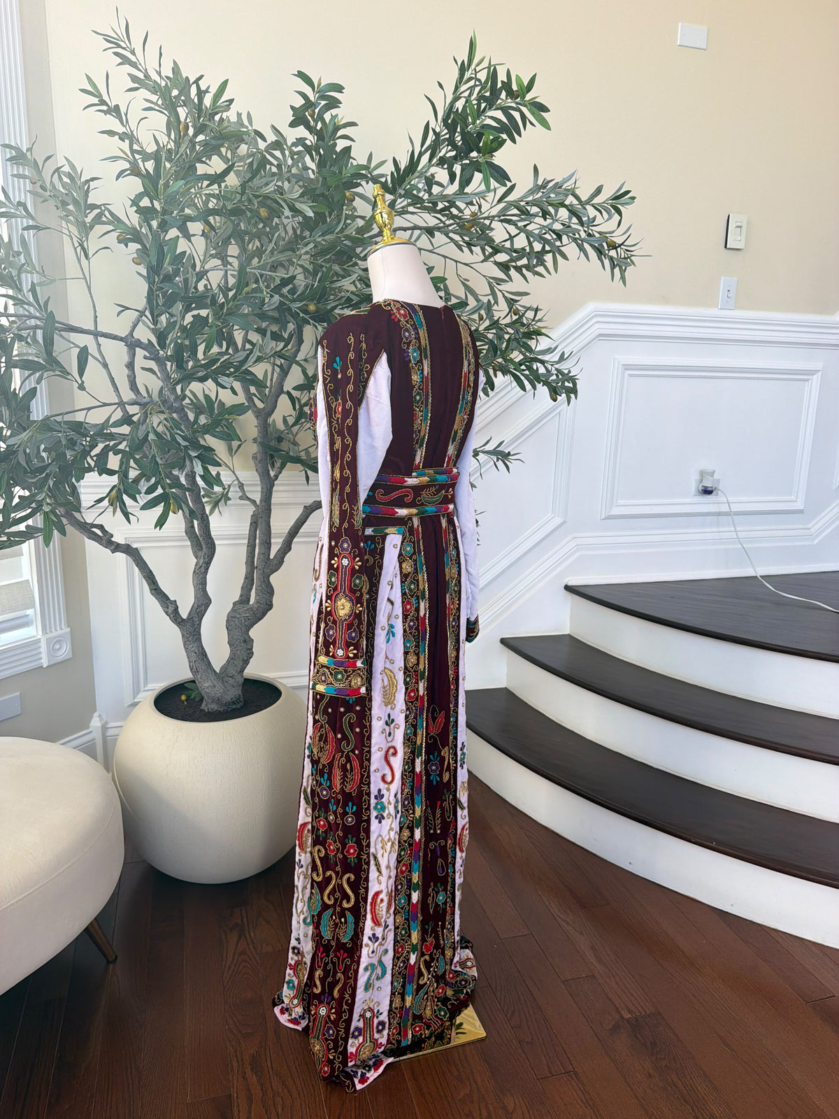Elegant Burgundy Velvet Thobe with Colorful Embroidery and Matching Skirt included (scarf not included)