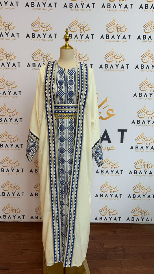 White and Blue Tatreez Cardigan Abaya