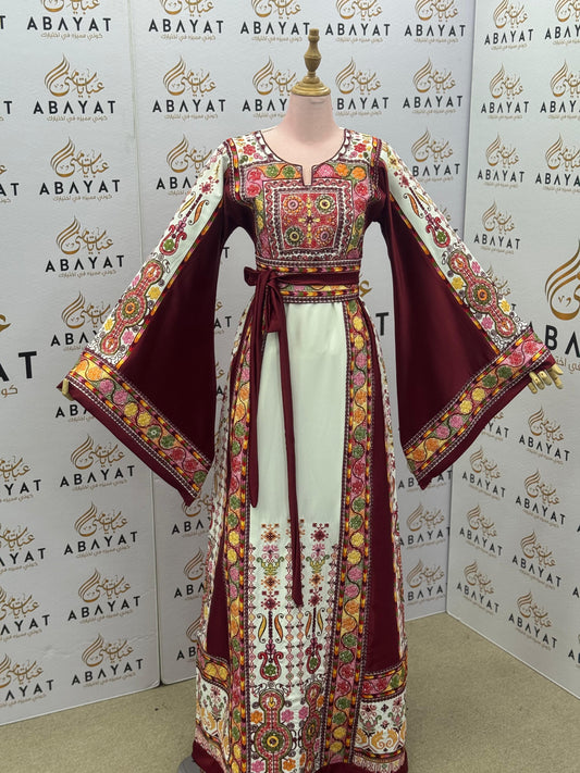 Ivory & Burgundy Palestinian Embroidered Thobe – Multicolor Tatreez Dress with Wide Sleeves”
