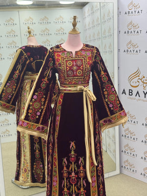 Velvet Burgundy Palestinian Thobe with Multicolor Embroidery and Golden Belt