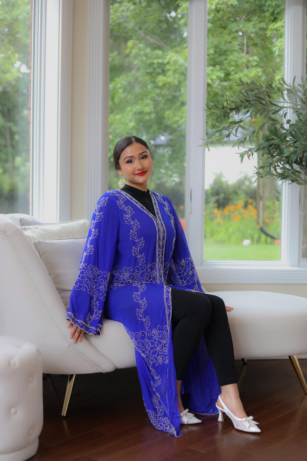 Blue Cardigan Beaded Stone Abaya