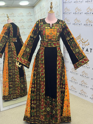 Traditional Palestinian Embroidered Thobe – Velvet Black & Orange Tatreez Dress A092025