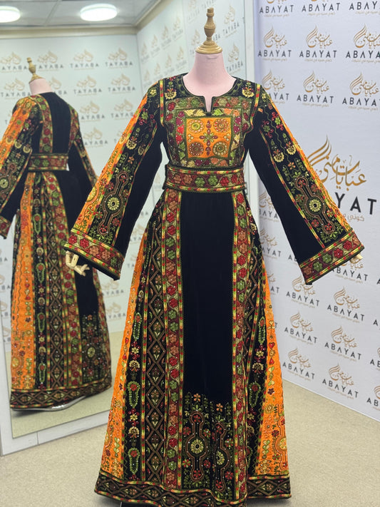 Traditional Palestinian Embroidered Thobe – Velvet Black & Orange Tatreez Dress A092025
