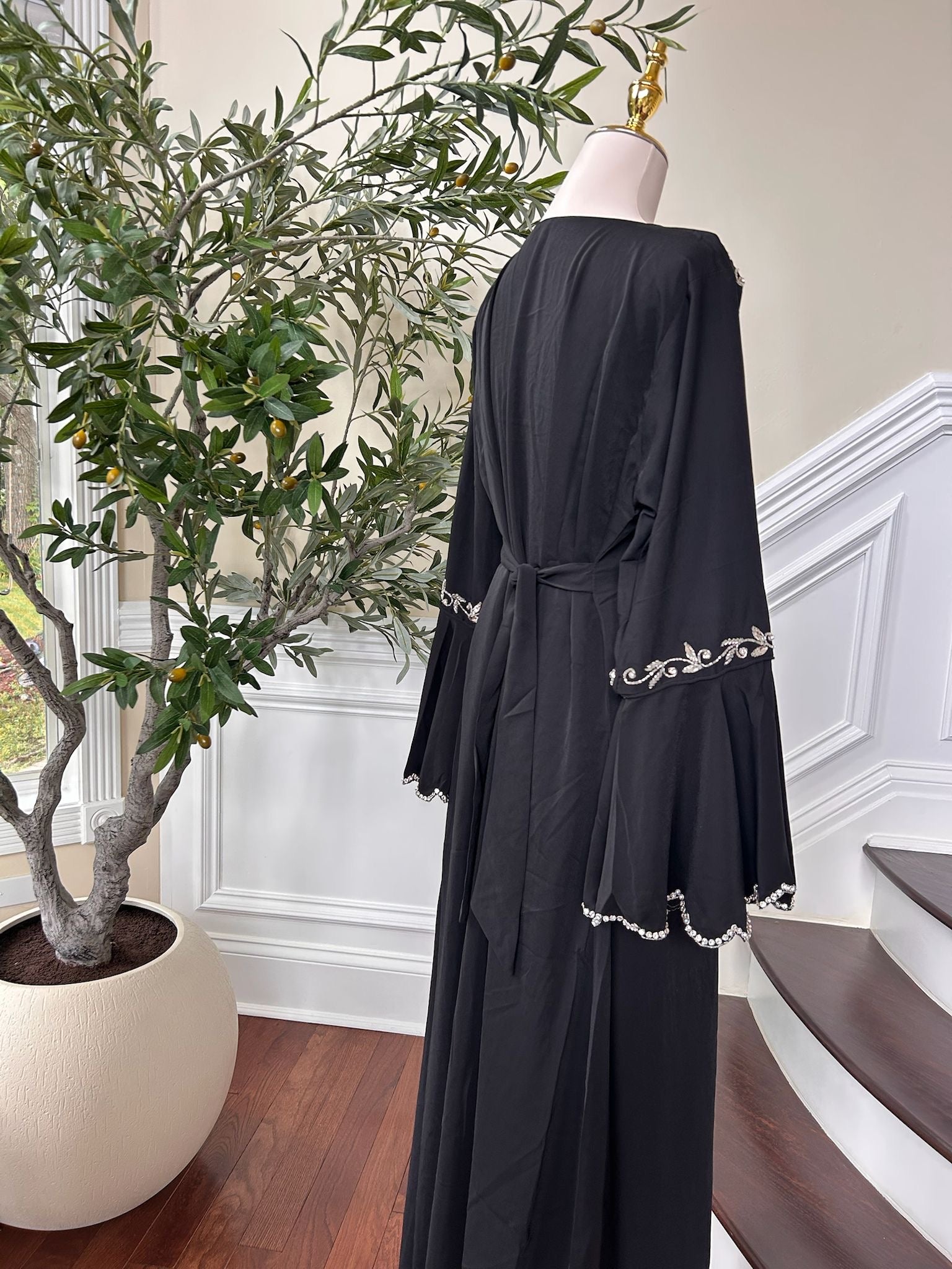 Black Charm Sleeve Detail Beaded Abaya