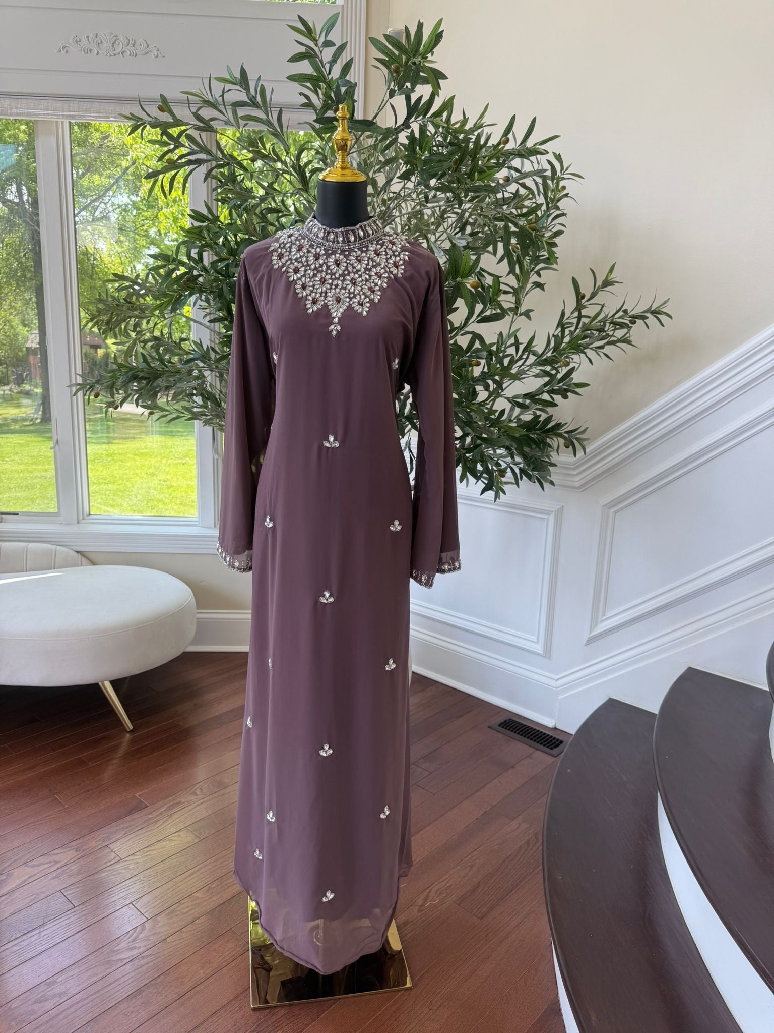 Mauve Crystal High Neck Maxi Dress