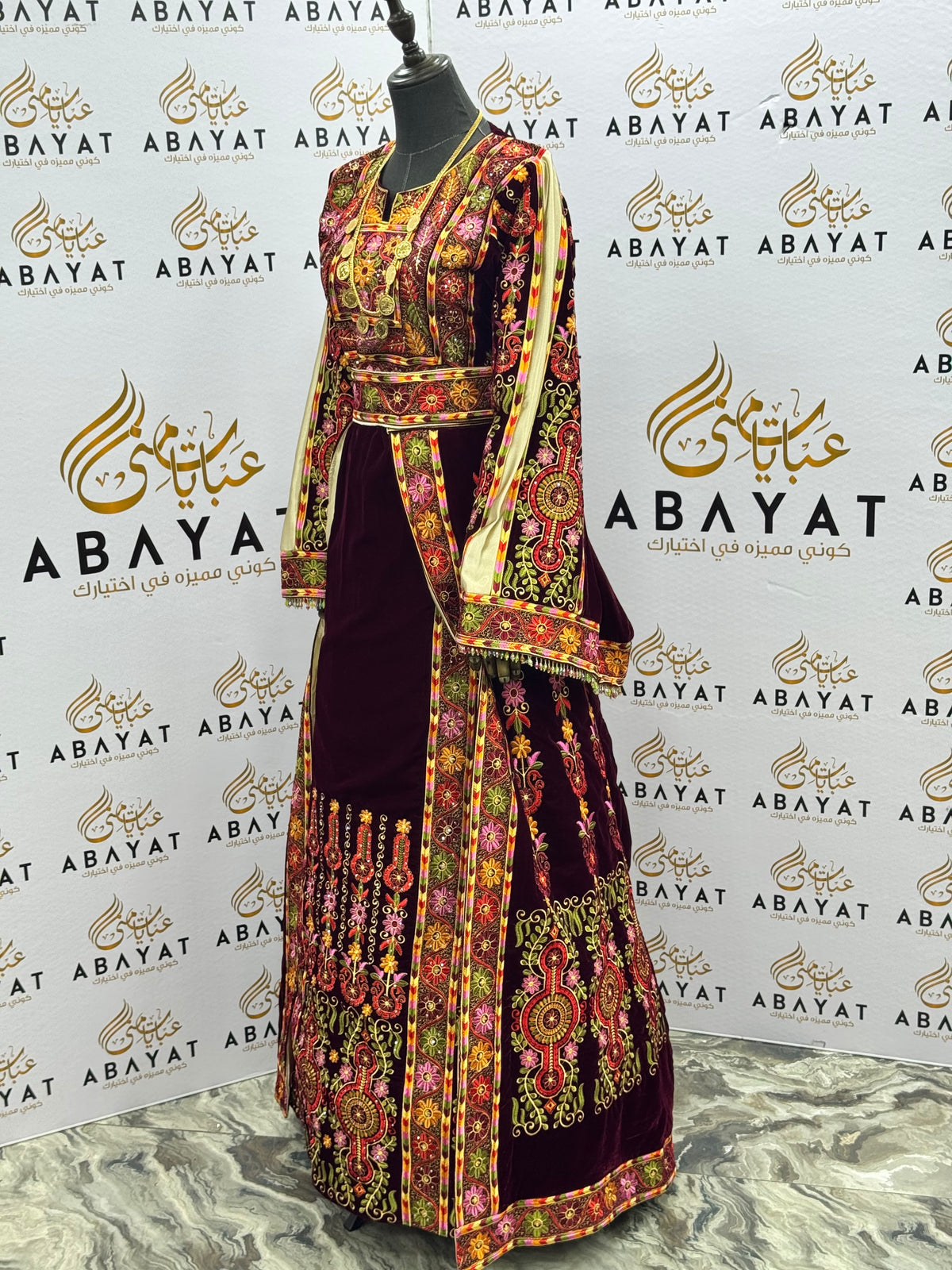 Burgundy Velvet Palestinian Embroidered Thobe with Multicolor Tatreez, Traditional Shawl & Overskirt Set