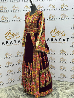 Burgundy Velvet Palestinian Embroidered Thobe with Multicolor Tatreez, Traditional Shawl & Overskirt Set