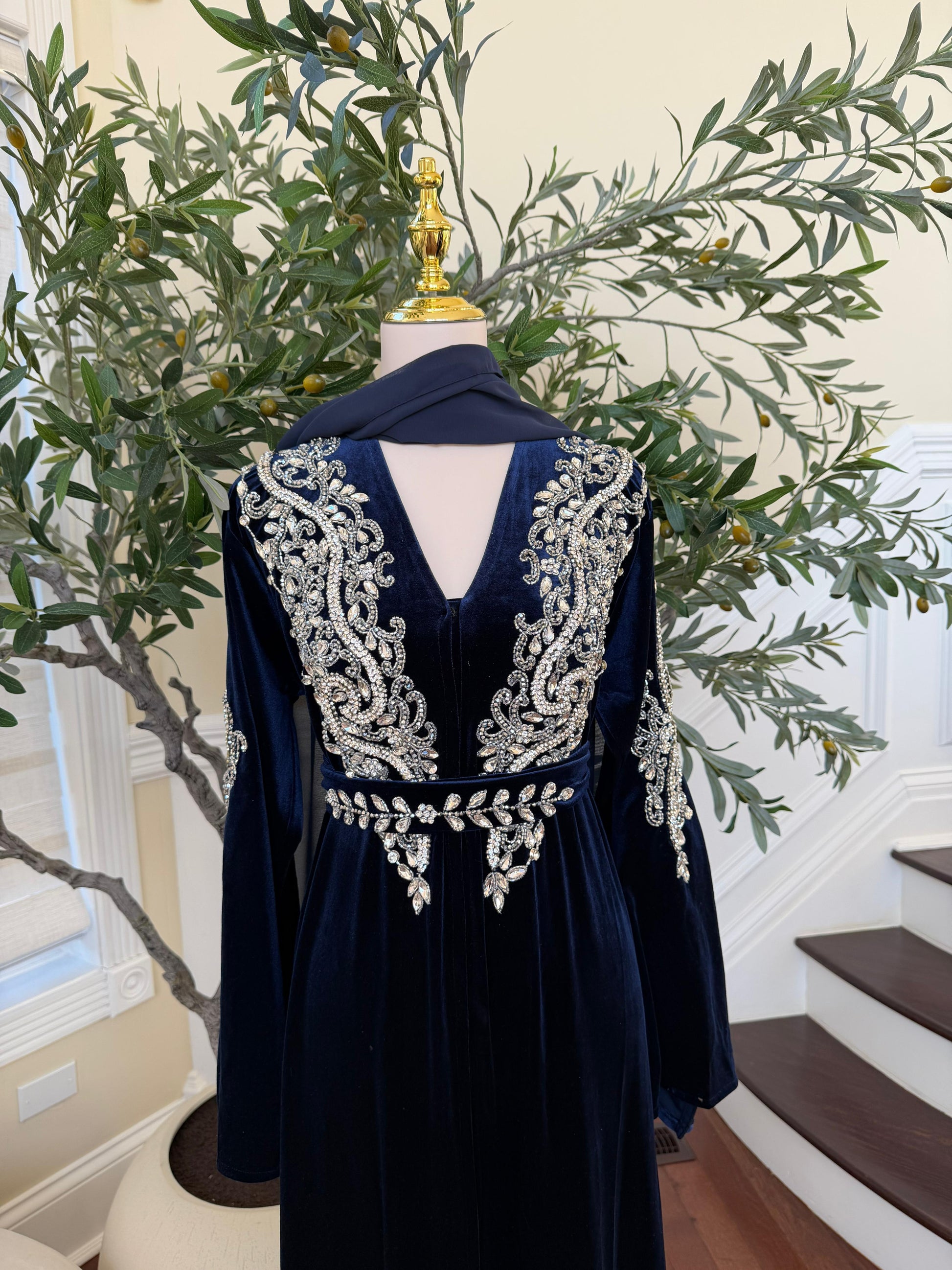 Navy Blue Velvet Beaded Stone Charm Abaya