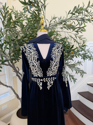 Navy Blue Velvet Beaded Stone Charm Abaya