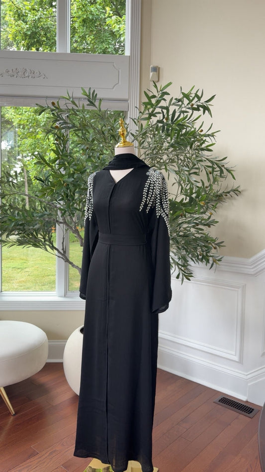 Black Sleeve Stone Charm Abaya