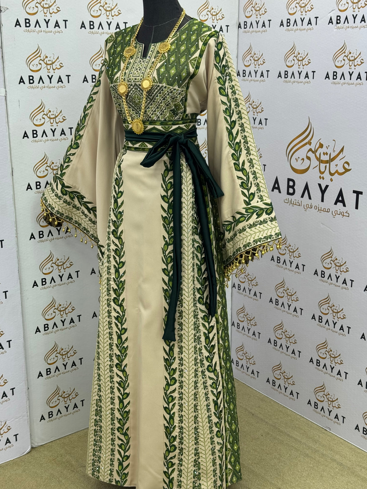Olive Palestinian Tatreez Kaftan – Emerald Green & Ivory