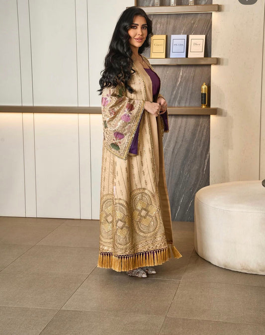 Cream Embroidery Purple Two Piece Abaya