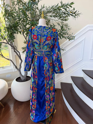 Elegant Royal Blue Floral Embroidered Palestinian Stone Thobe (scarf not included)